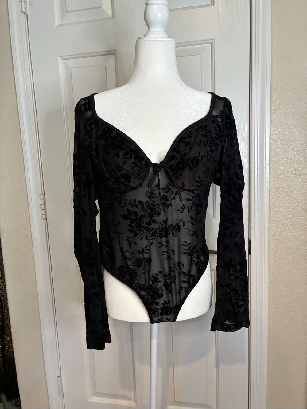 Black Floral Sheer Long-Sleeve Bodysuit - Women Tops